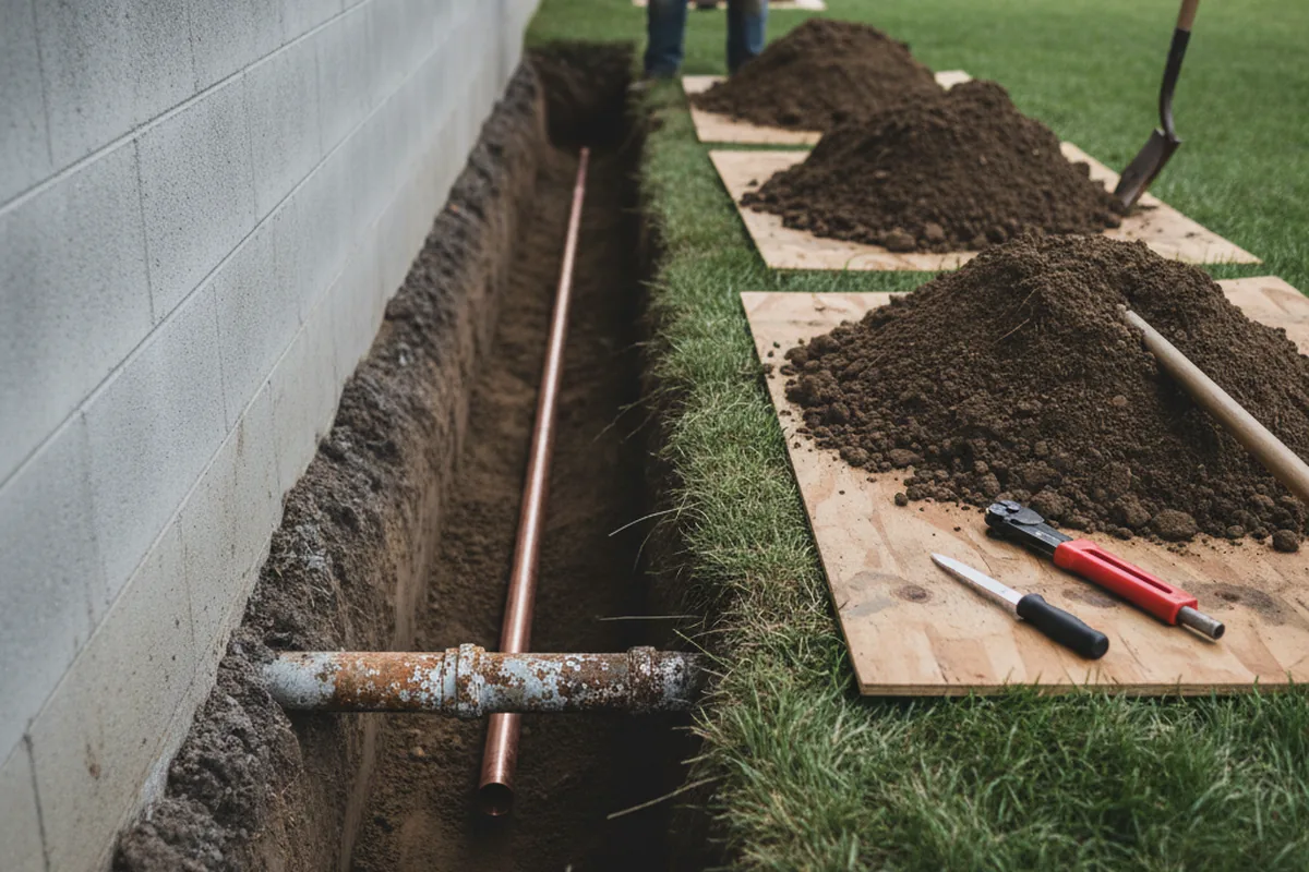 Excavated water line trench during Water Softener Installation in Ashford